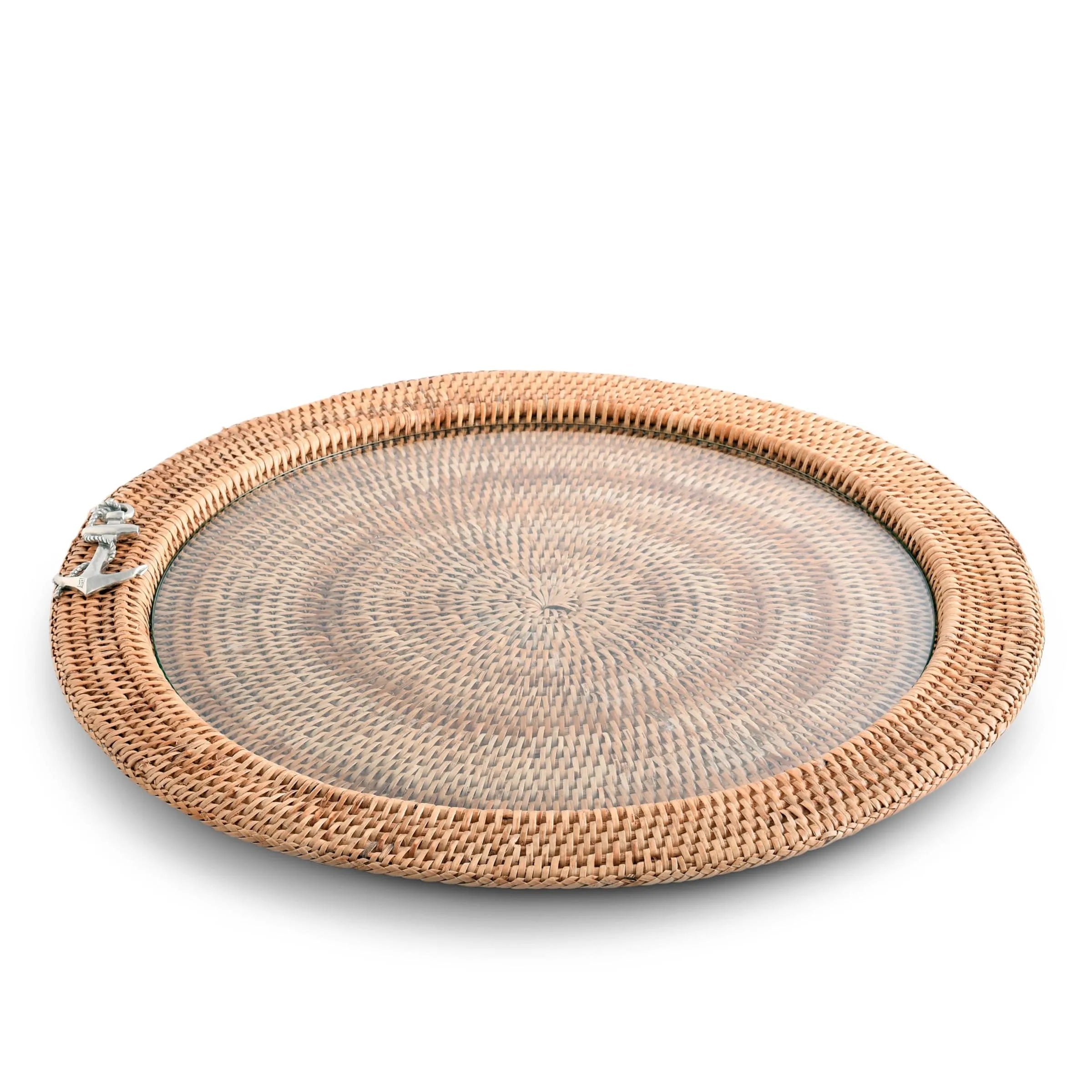 Anchor Round Serving Tray Hand Woven Wicker Rattan - Glass Insert - The Mayfair Hall
