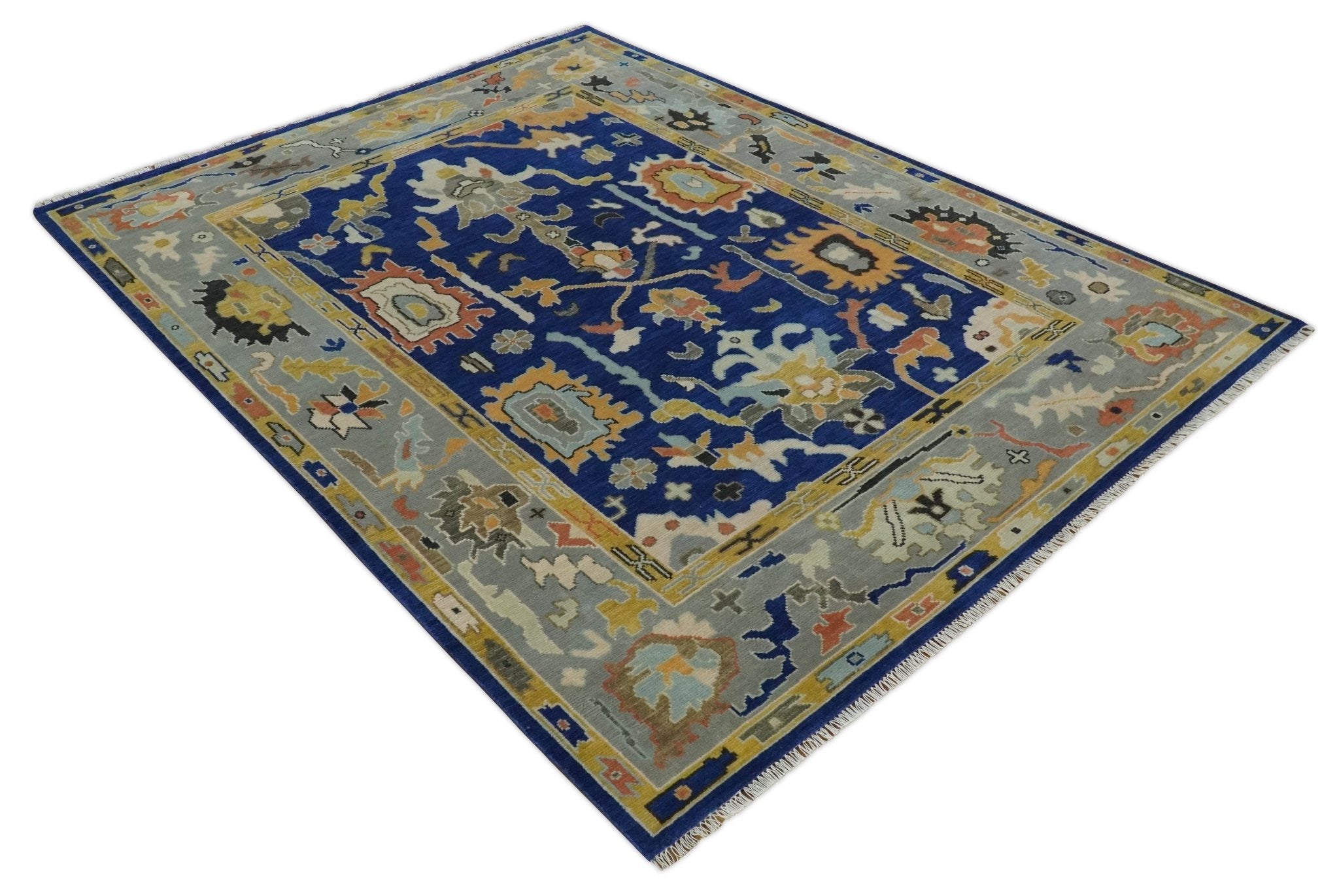 Vibrant Colorful Blue, Silver and Mustard Hand knotted Traditional Oushak Multi Size wool Area Rug - The Rug Decor
