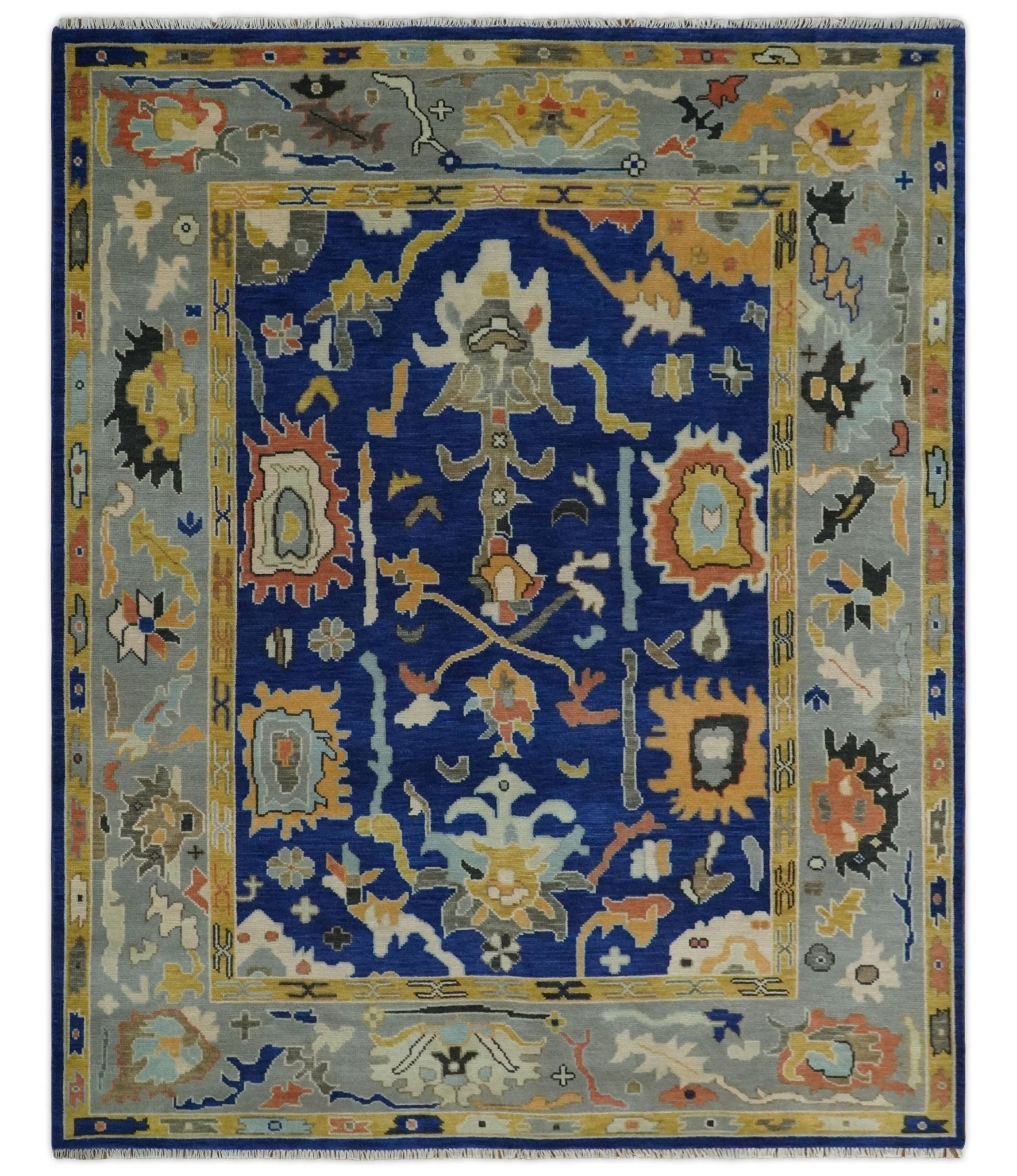 Vibrant Colorful Blue, Silver and Mustard Hand knotted Traditional Oushak Multi Size wool Area Rug - The Rug Decor