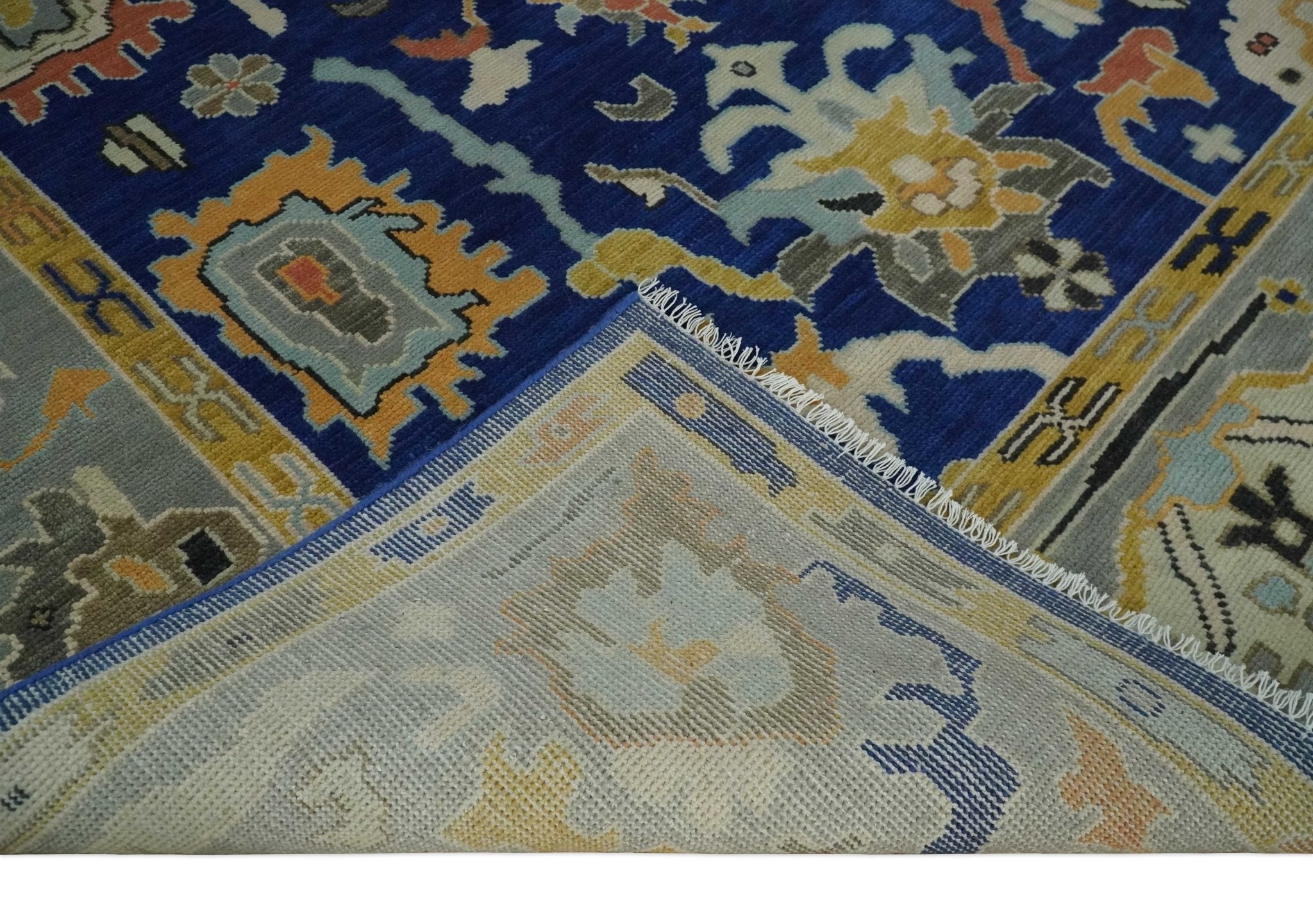 Vibrant Colorful Blue, Silver and Mustard Hand knotted Traditional Oushak Multi Size wool Area Rug - The Rug Decor