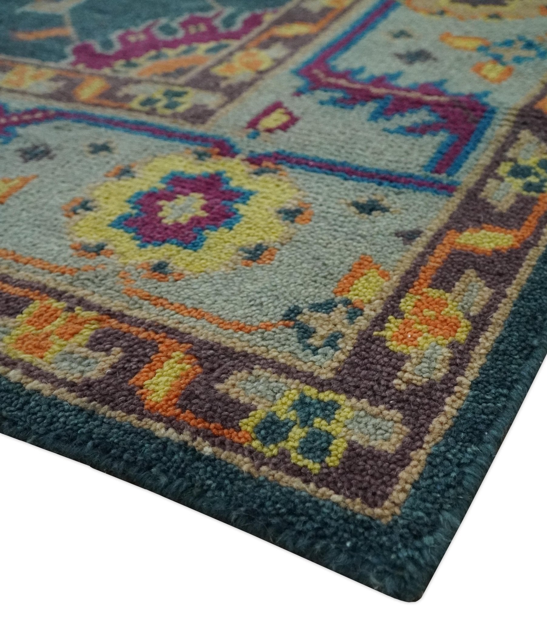 Vibrant Colorful Green, Silver, Mustard and Orange Hand Knotted Oriental Oushak Multi Size wool Area Rug - The Rug Decor