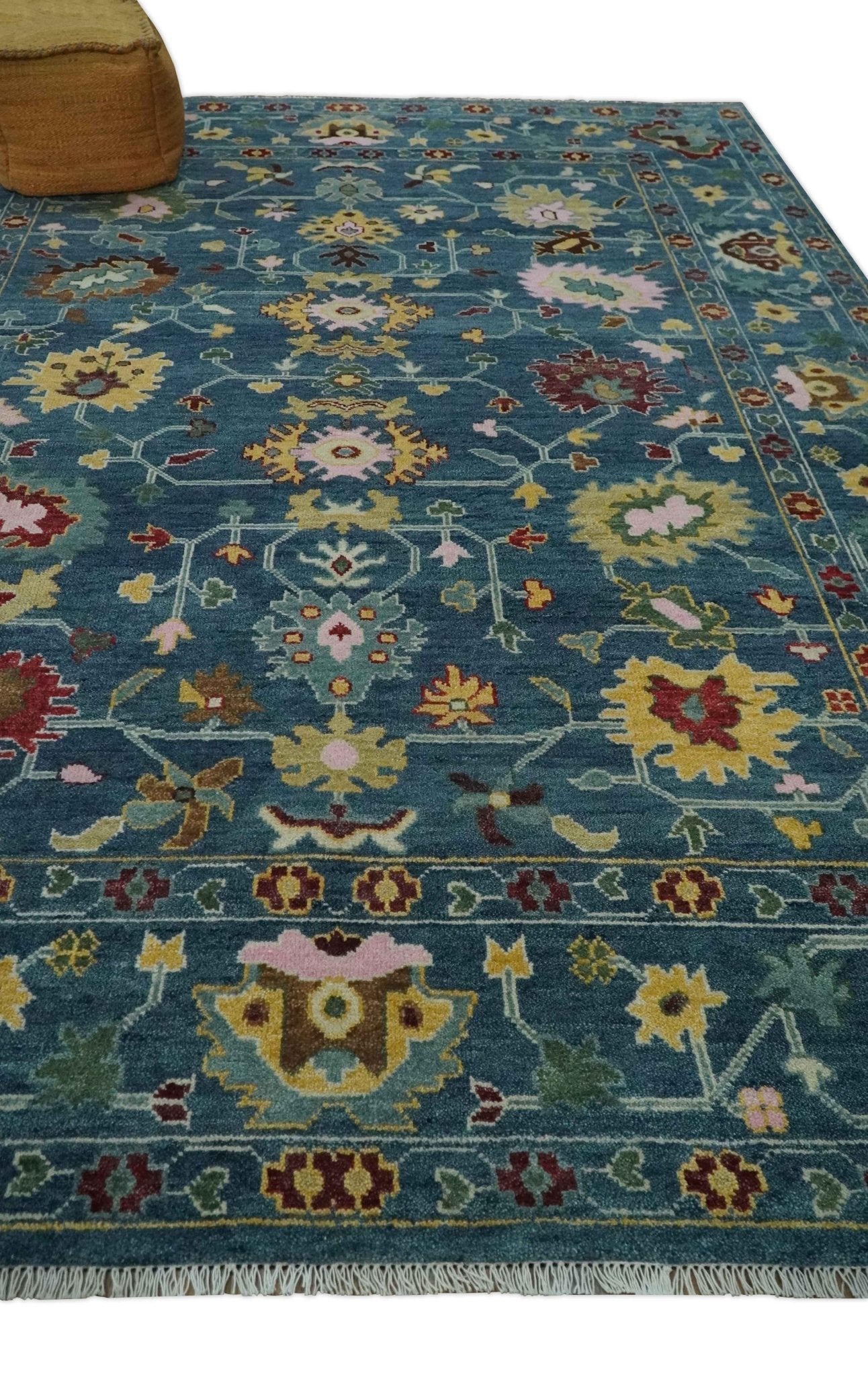 Vibrant Colorful Hand knotted Teal, Gold And Maroon 9x12 wool Area Rug