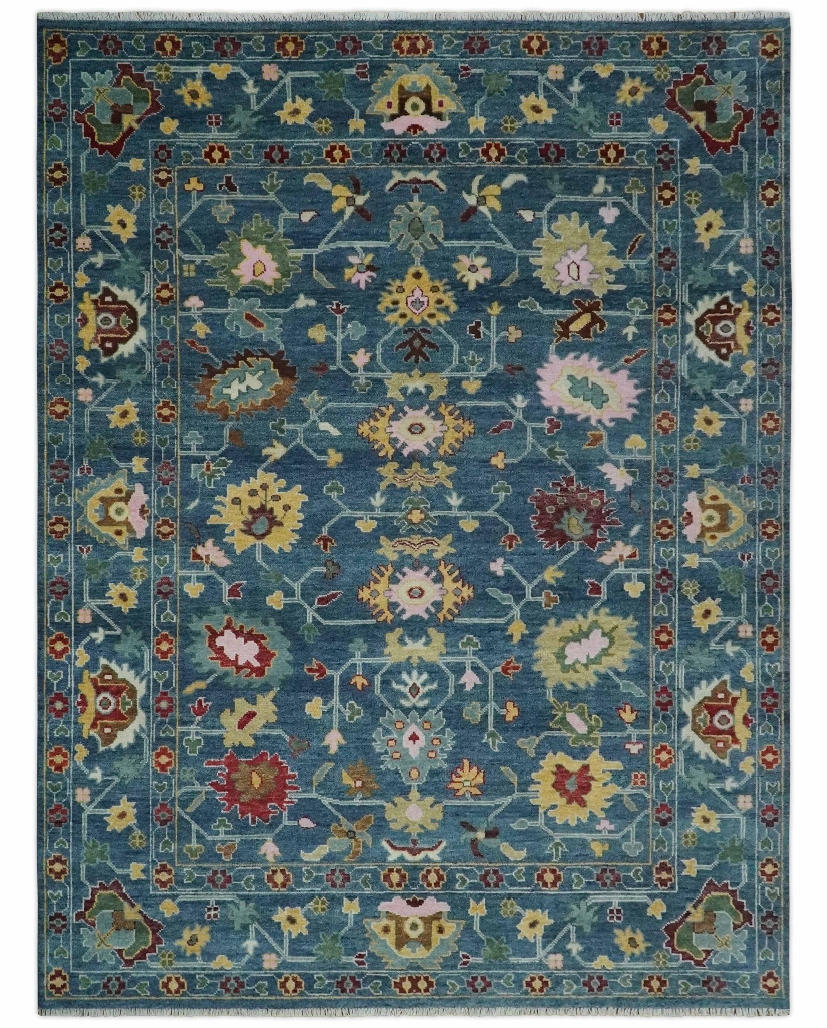 Vibrant Colorful Hand knotted Teal, Gold And Maroon 9x12 wool Area Rug