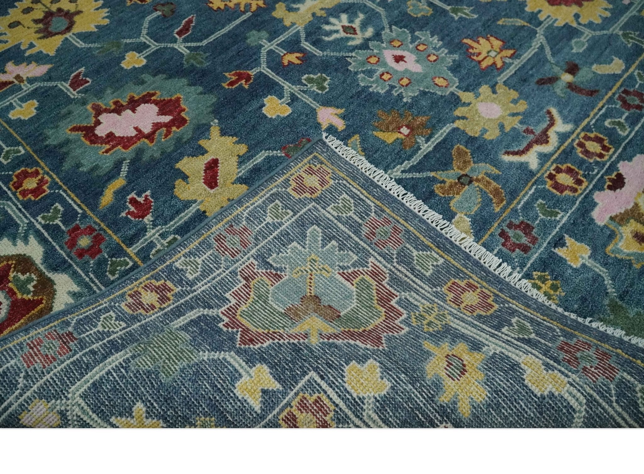 Vibrant Colorful Hand knotted Teal, Gold And Maroon 9x12 wool Area Rug