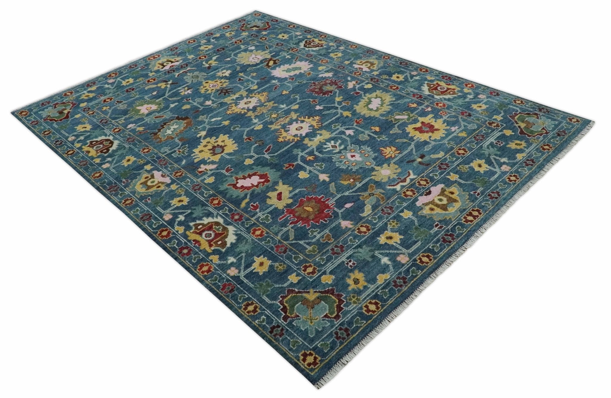 Vibrant Colorful Hand knotted Teal, Gold And Maroon 9x12 wool Area Rug