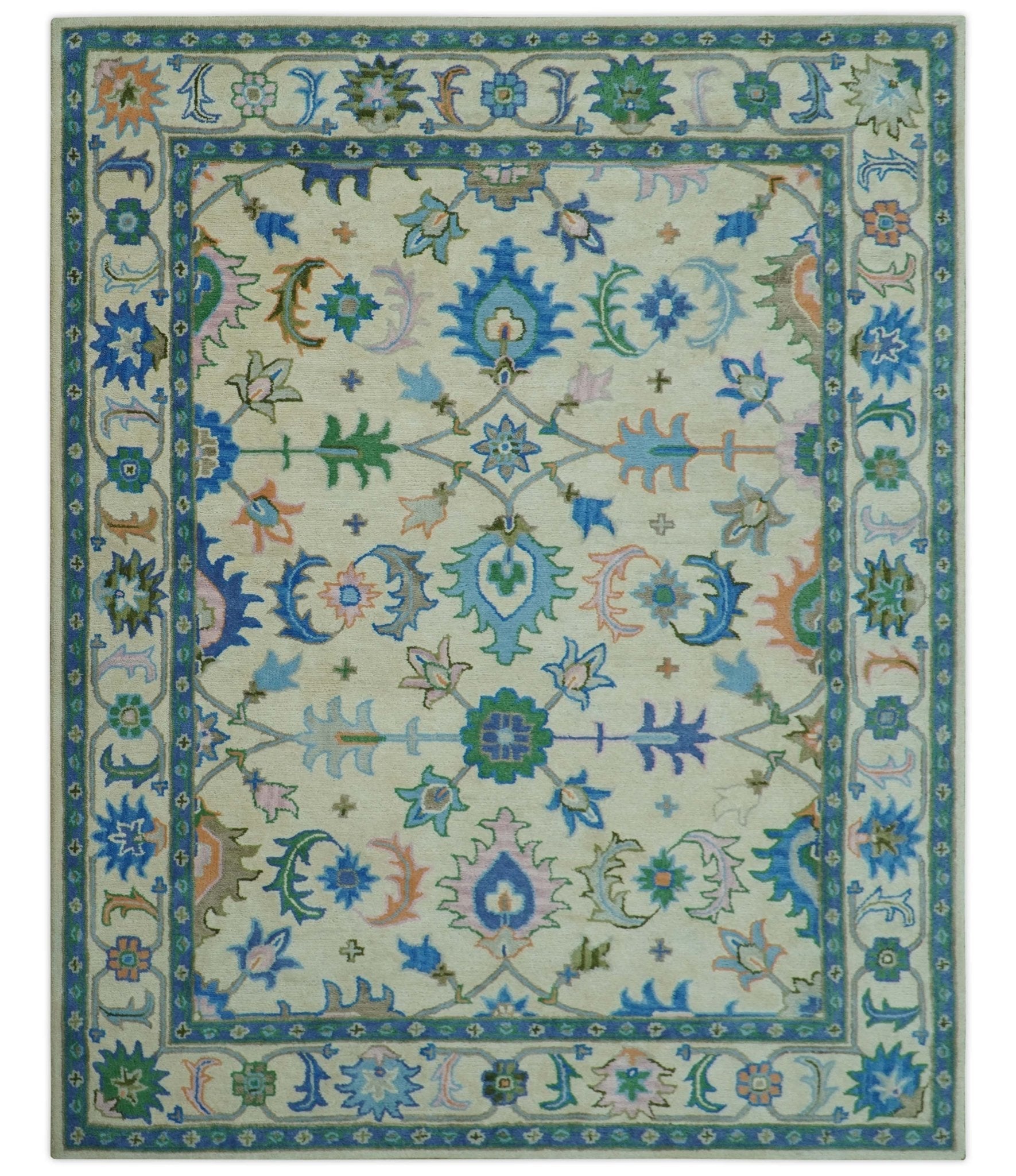 Vibrant Colorful Ivory and Blue Oriental Oushak Hand Tufted Multi Size area rug