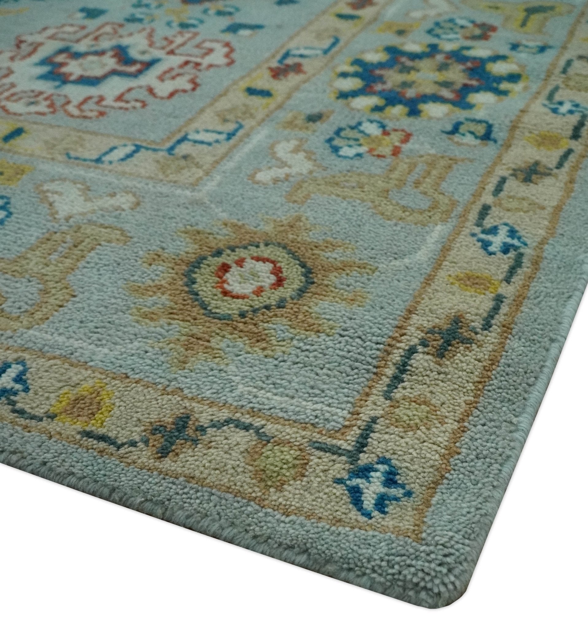 Vibrant Colorful Light Blue, Mustard, Brown and Blue Hand Knotted Traditional Oushak Multi Size wool Area Rug - The Rug Decor