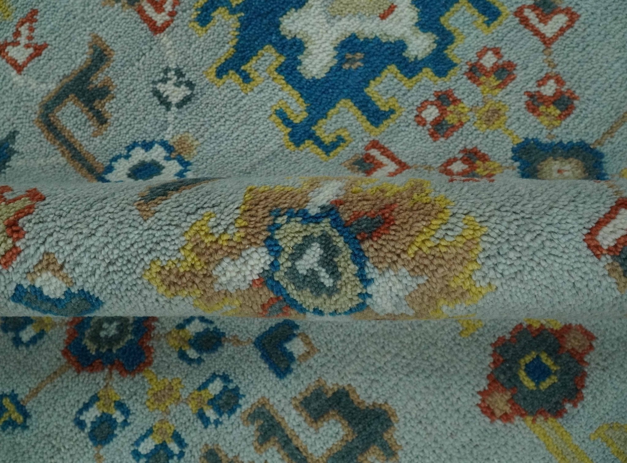 Vibrant Colorful Light Blue, Mustard, Brown and Blue Hand Knotted Traditional Oushak Multi Size wool Area Rug - The Rug Decor