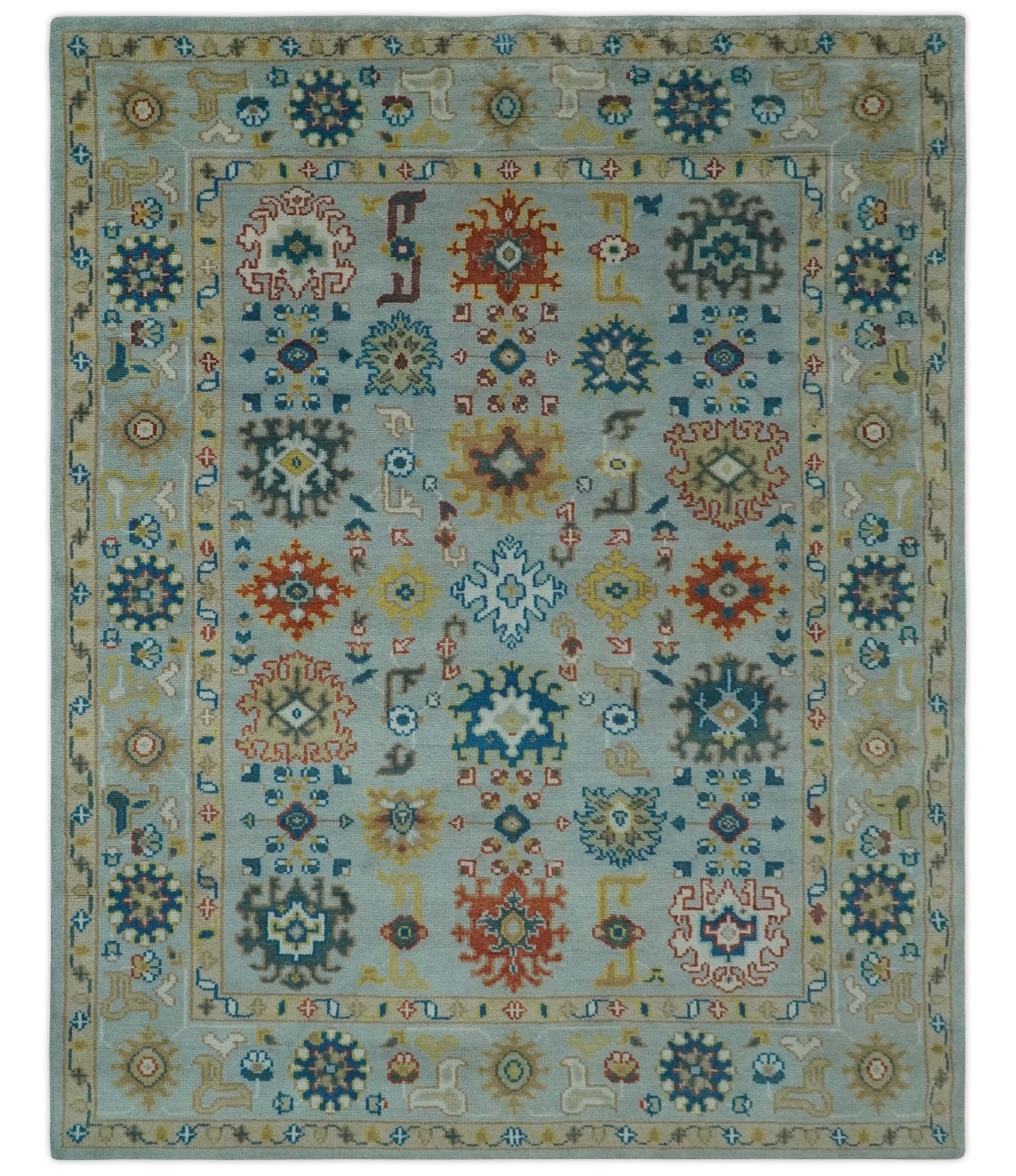 Vibrant Colorful Light Blue, Mustard, Brown and Blue Hand Knotted Traditional Oushak Multi Size wool Area Rug - The Rug Decor