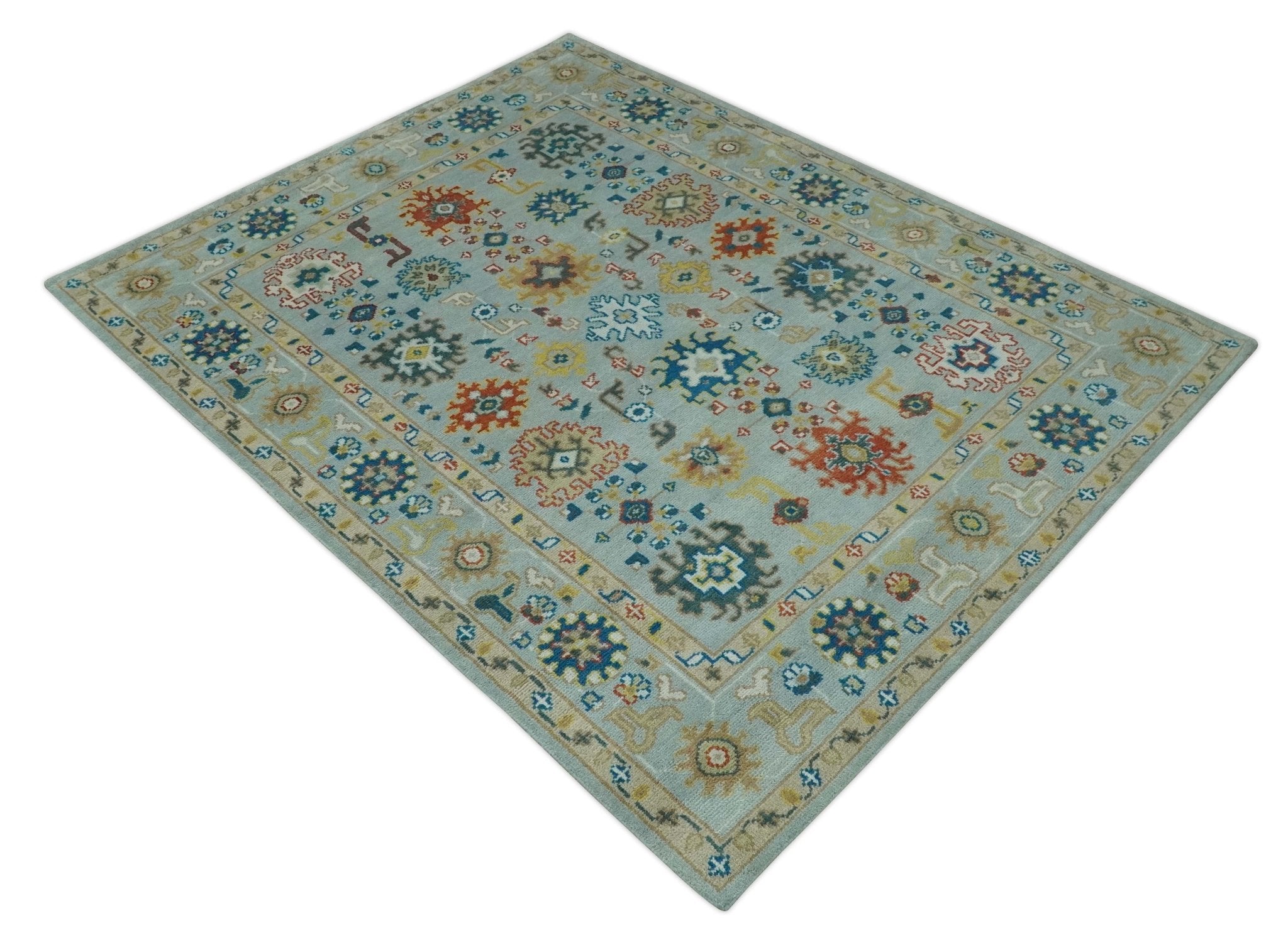 Vibrant Colorful Light Blue, Mustard, Brown and Blue Hand Knotted Traditional Oushak Multi Size wool Area Rug - The Rug Decor