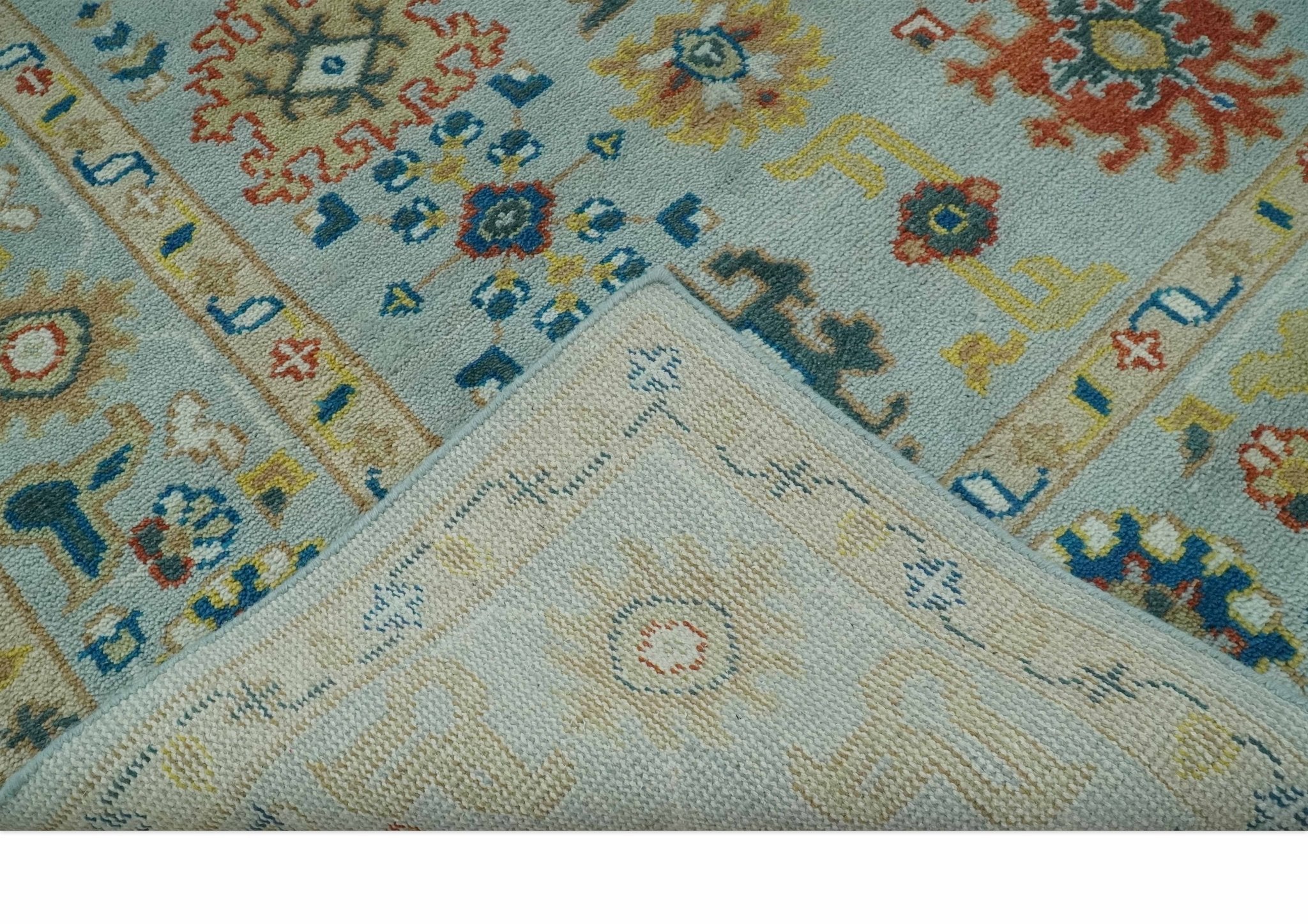 Vibrant Colorful Light Blue, Mustard, Brown and Blue Hand Knotted Traditional Oushak Multi Size wool Area Rug - The Rug Decor