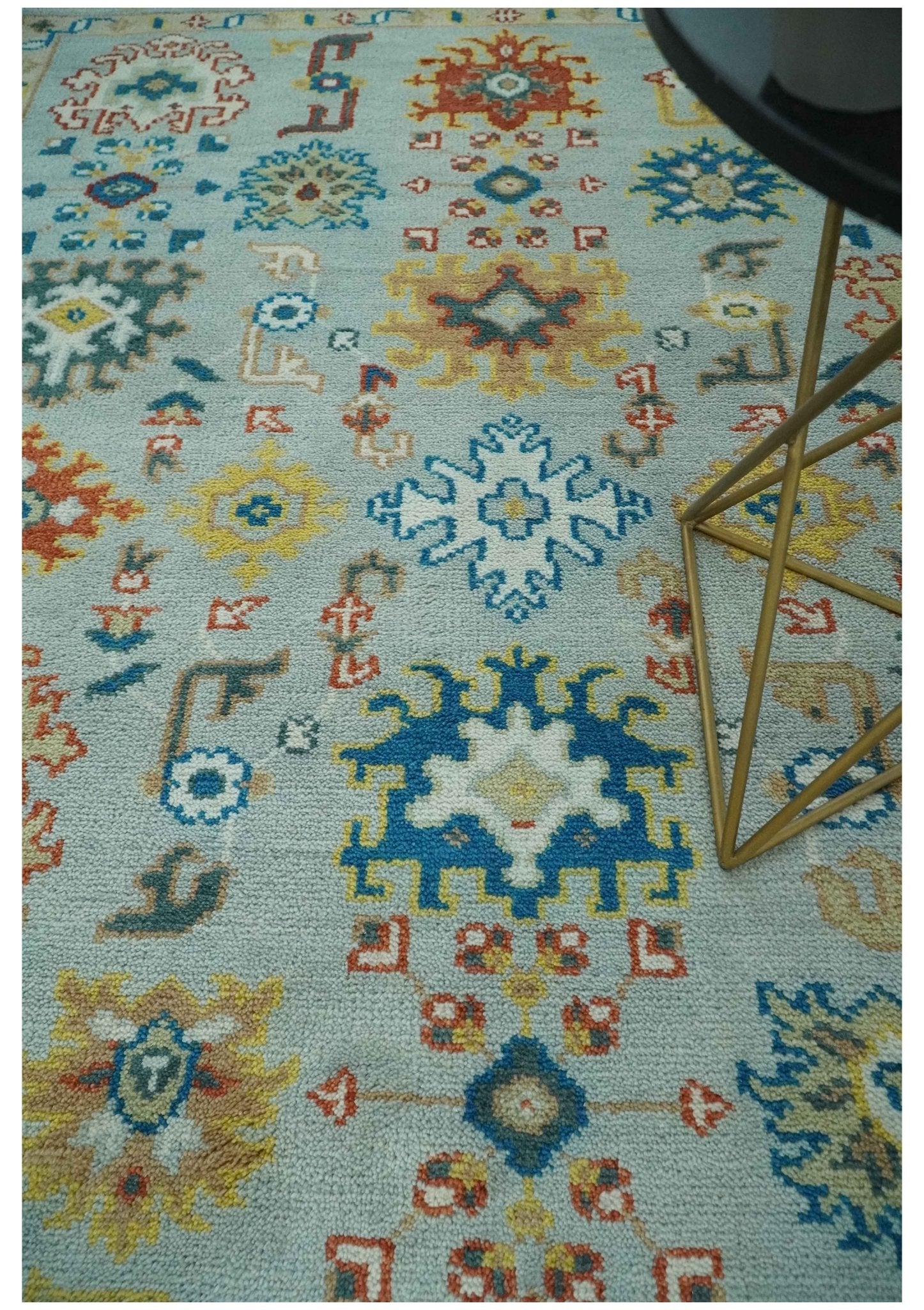Vibrant Colorful Light Blue, Mustard, Brown and Blue Hand Knotted Traditional Oushak Multi Size wool Area Rug - The Rug Decor