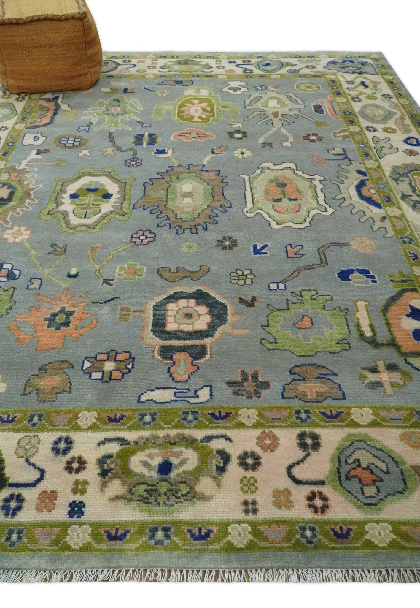Vibrant Colorful Silver, Green and Light Peach Hand knotted Oushak wool Area Rug - The Rug Decor
