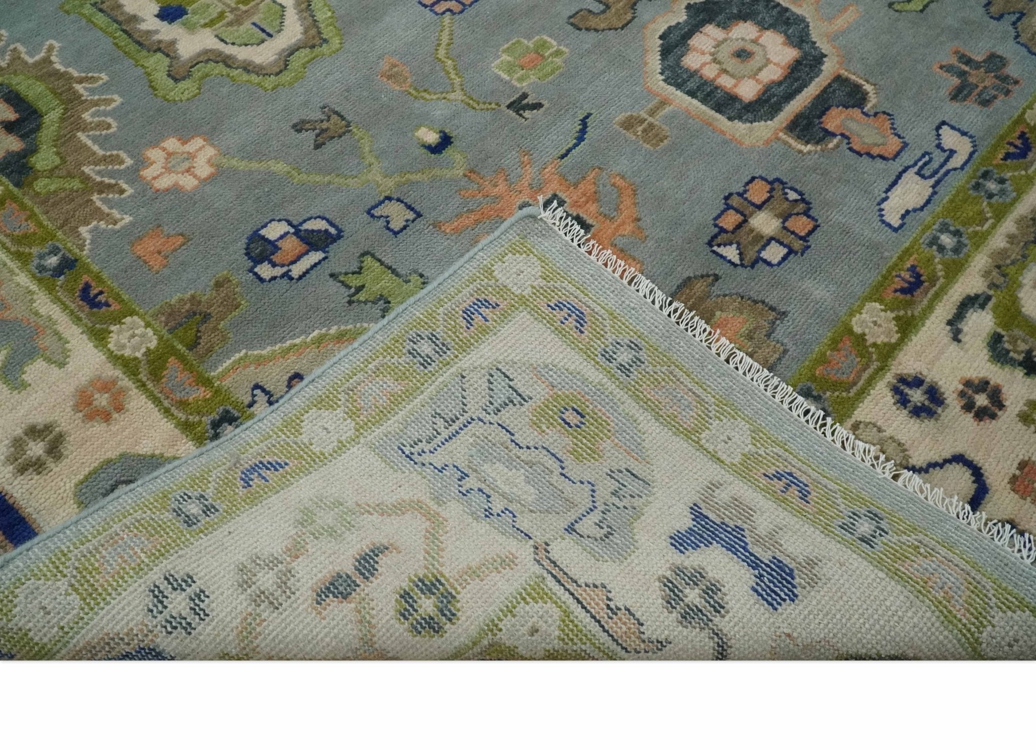 Vibrant Colorful Silver, Green and Light Peach Hand knotted Oushak wool Area Rug - The Rug Decor