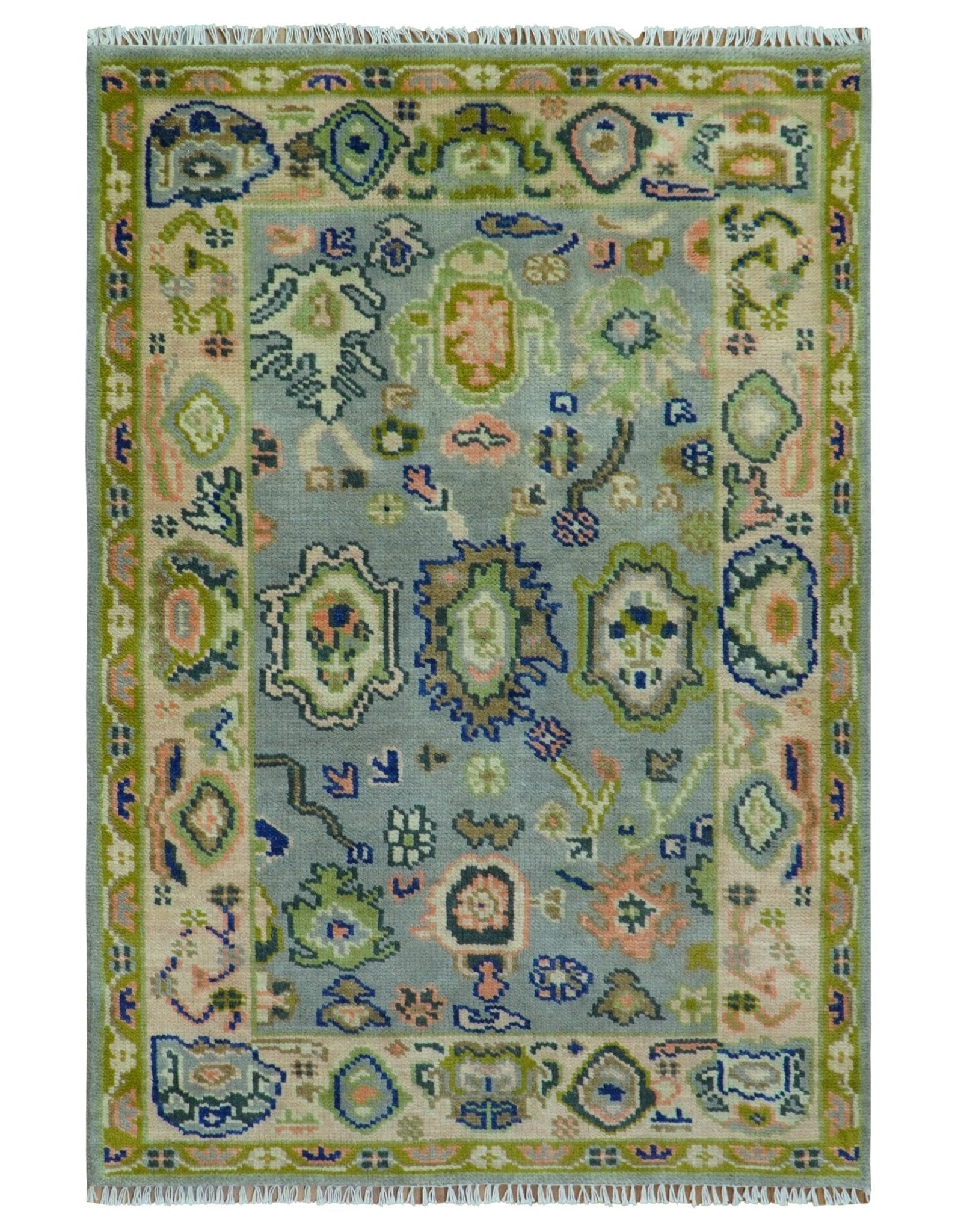 Vibrant Colorful Silver, Green and Light Peach Hand knotted Oushak wool Area Rug - The Rug Decor