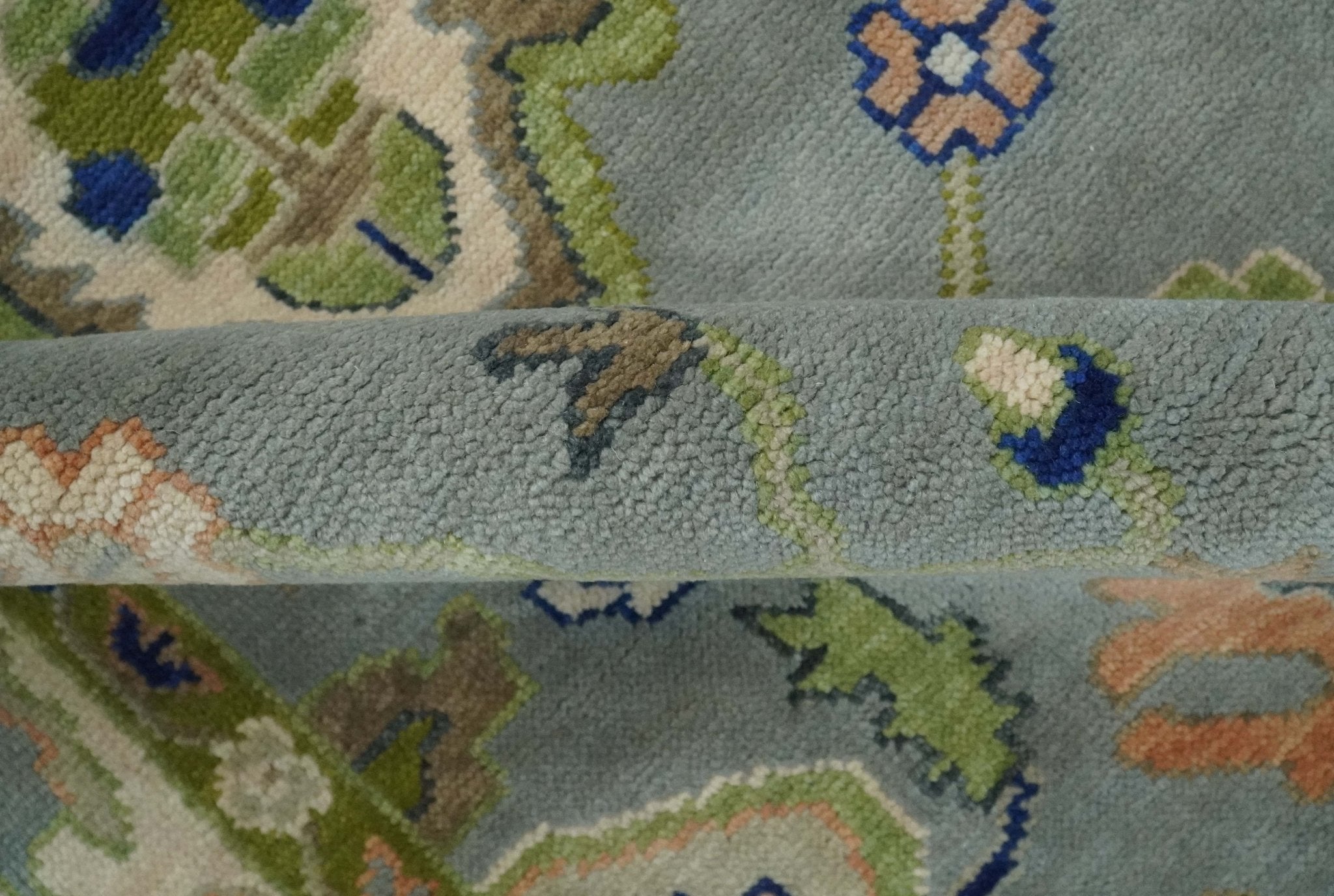 Vibrant Colorful Silver, Green and Light Peach Hand knotted Oushak wool Area Rug - The Rug Decor