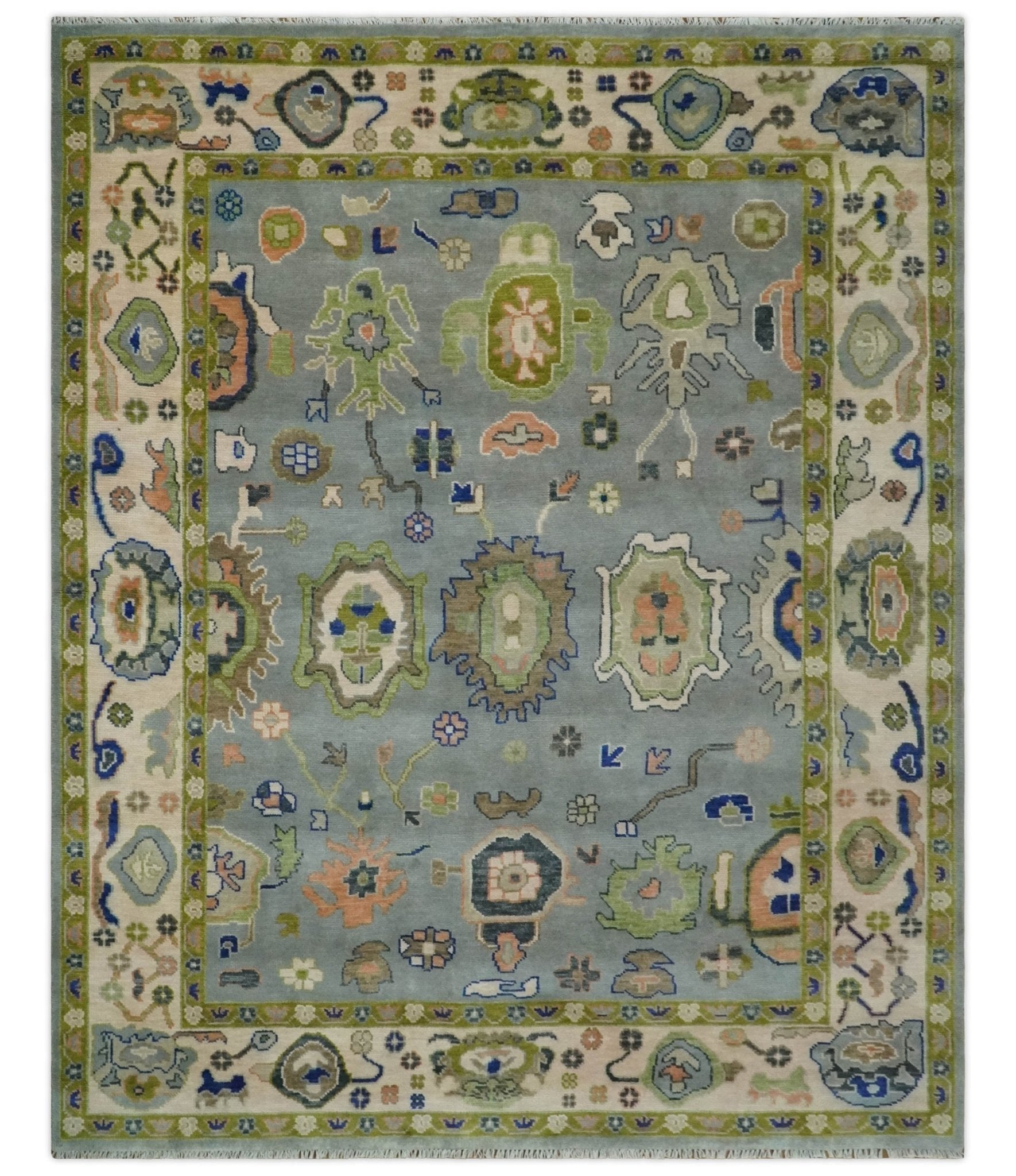 Vibrant Colorful Silver, Green and Light Peach Hand knotted Oushak wool Area Rug - The Rug Decor