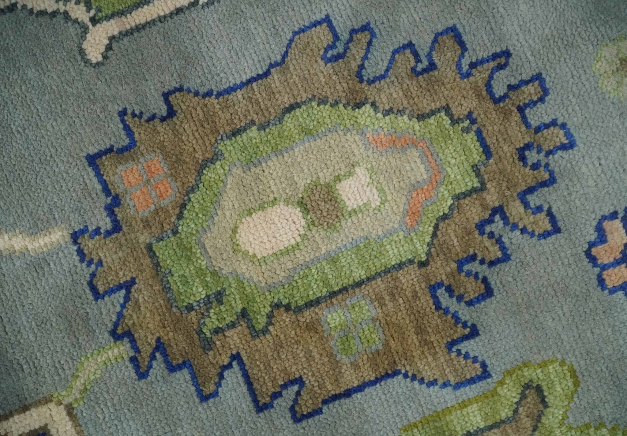 Vibrant Colorful Silver, Green and Light Peach Hand knotted Oushak wool Area Rug - The Rug Decor
