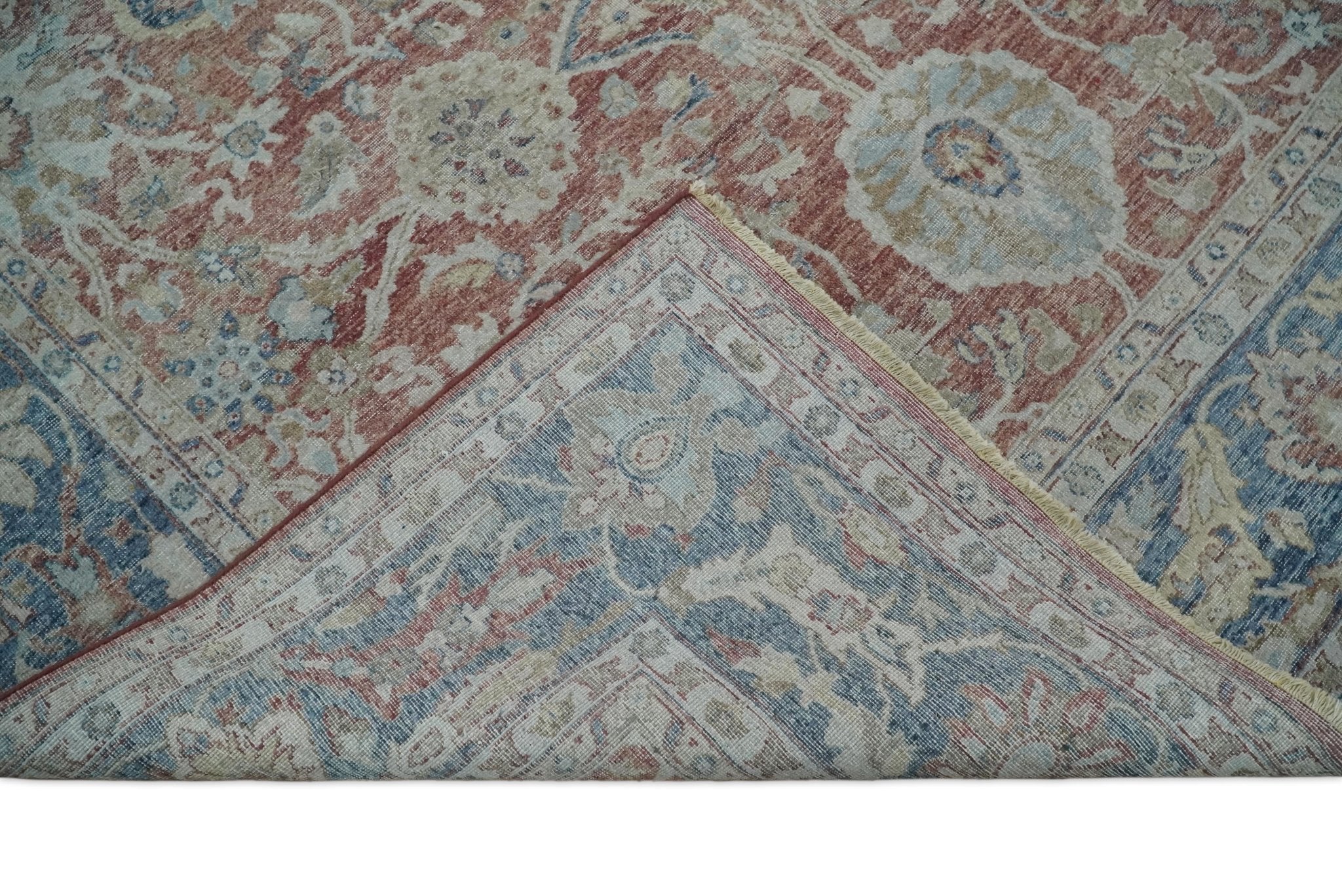 Vintage Hand Knotted 8x10 Rust and Blue Traditional Oxidized Textured Persian Low Pile Wool Rug | TRD2601810 - The Rug Decor