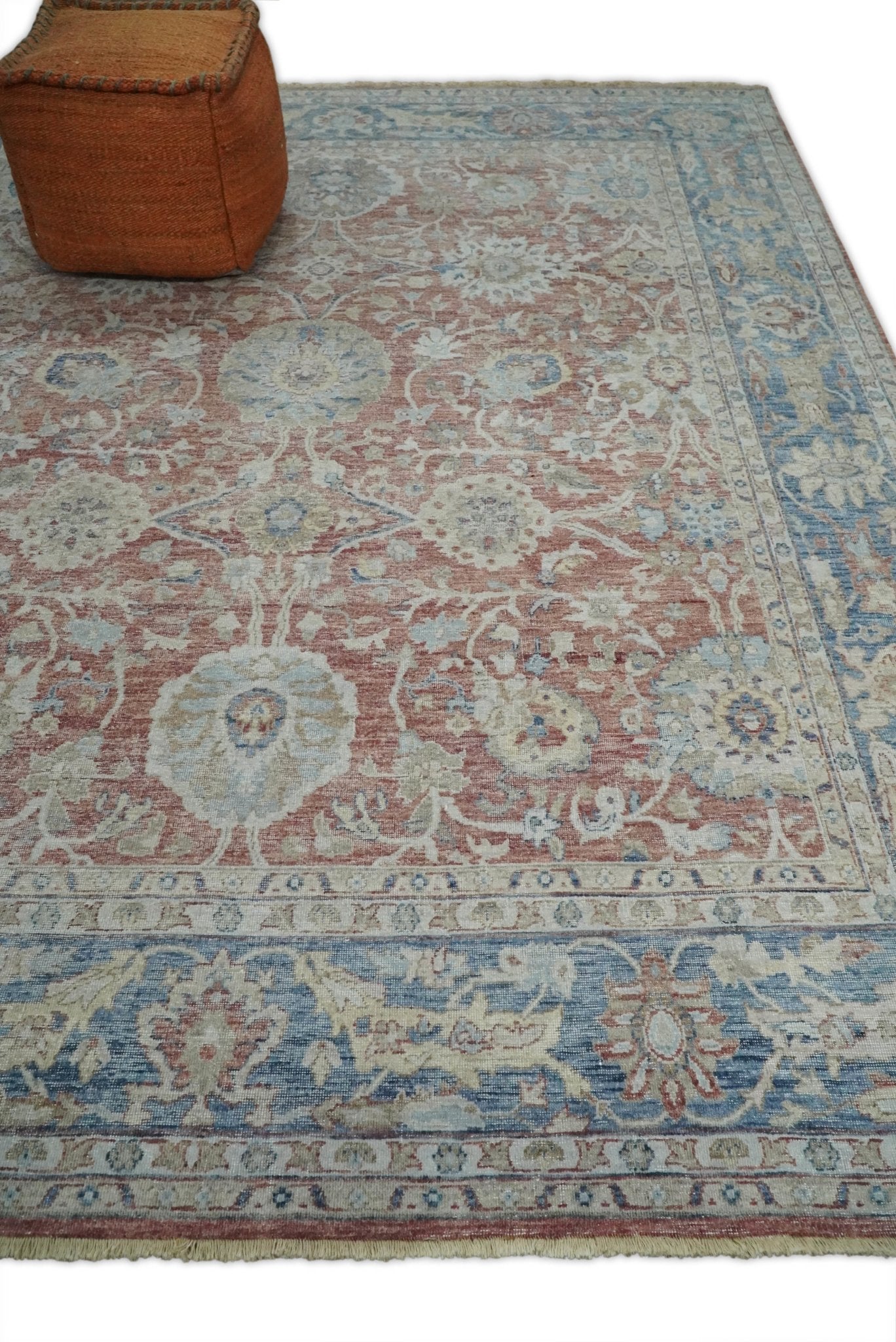 Vintage Hand Knotted 8x10 Rust and Blue Traditional Oxidized Textured Persian Low Pile Wool Rug | TRD2601810 - The Rug Decor