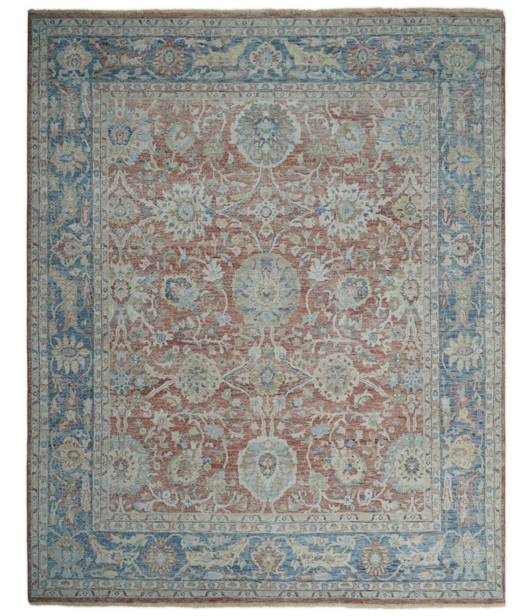 Vintage Hand Knotted 8x10 Rust and Blue Traditional Oxidized Textured Persian Low Pile Wool Rug | TRD2601810 - The Rug Decor