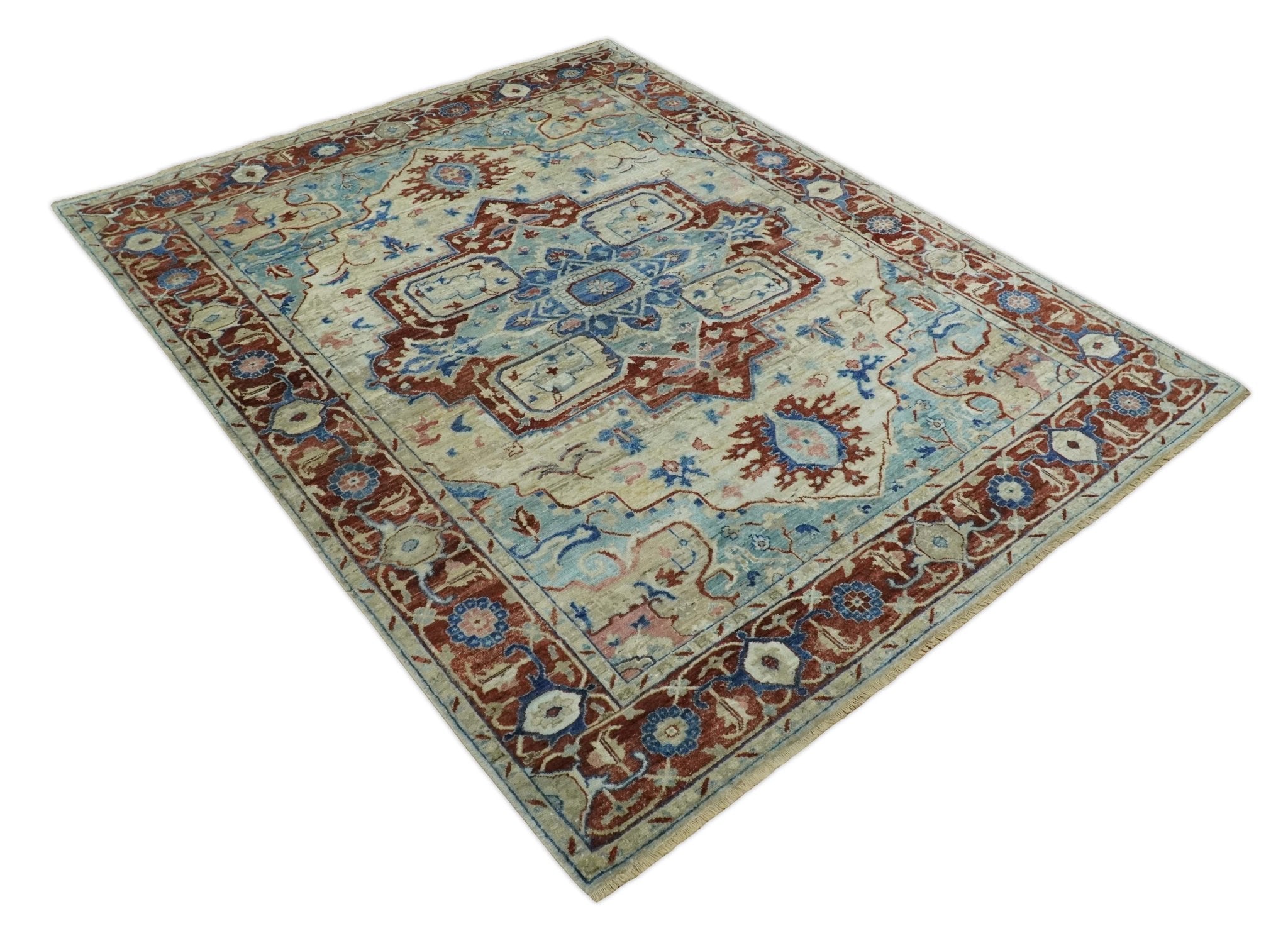 Vintage Style Beige, Aqua and Brown Hand Knotted Traditional Heriz 8x10 wool area Rug