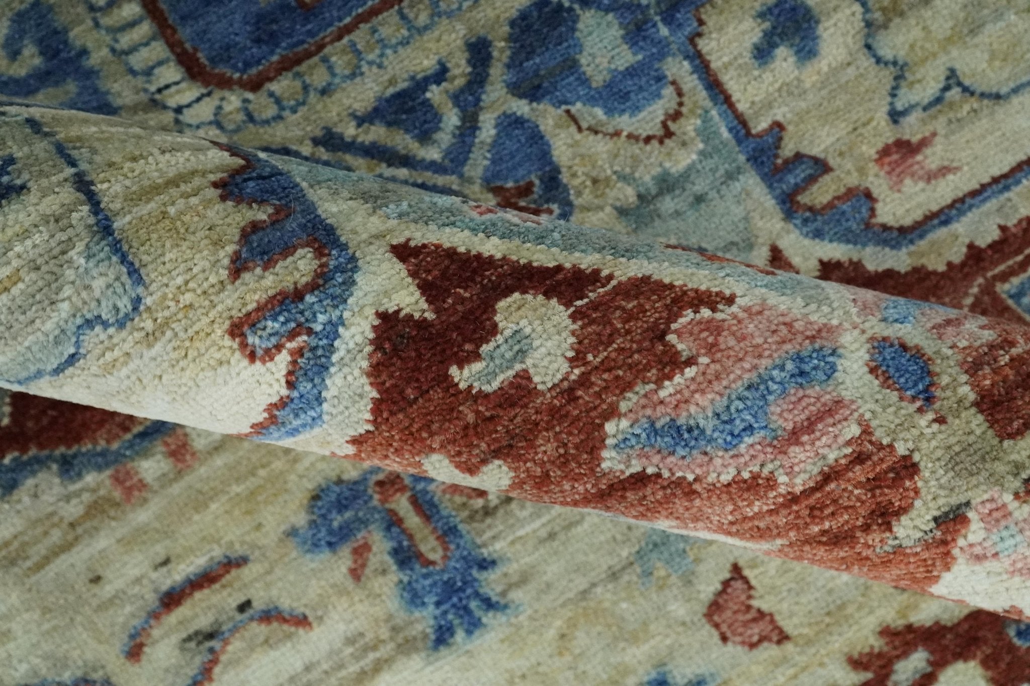 Vintage Style Beige, Aqua and Brown Hand Knotted Traditional Heriz 8x10 wool area Rug