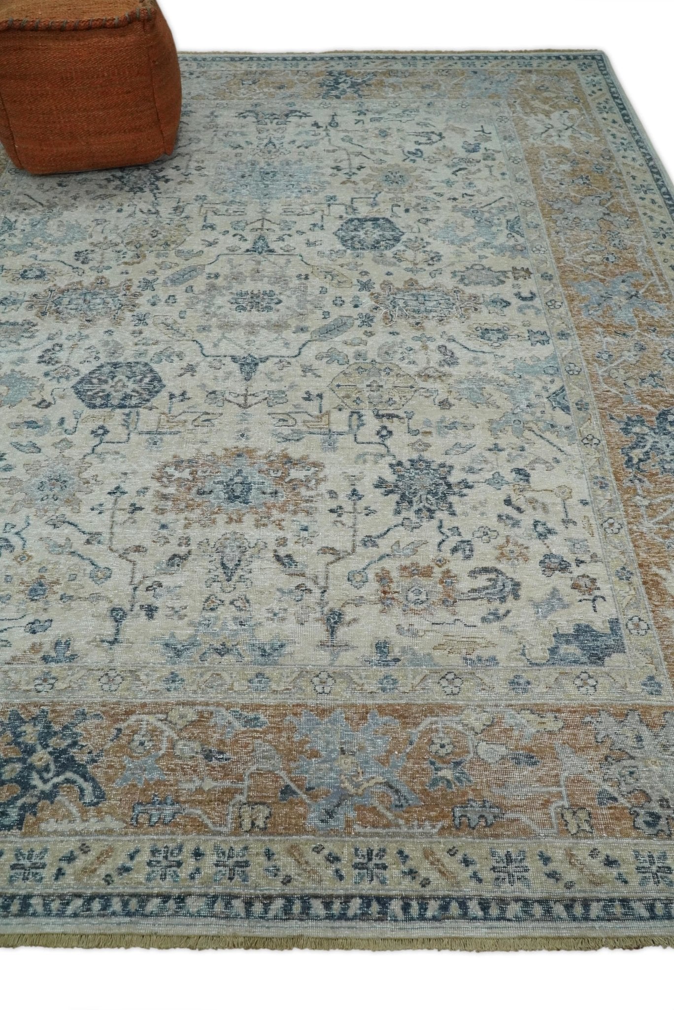 Vintage Style Ivory and Rust 8x10 Traditional Textured Low Pile Wool Rug