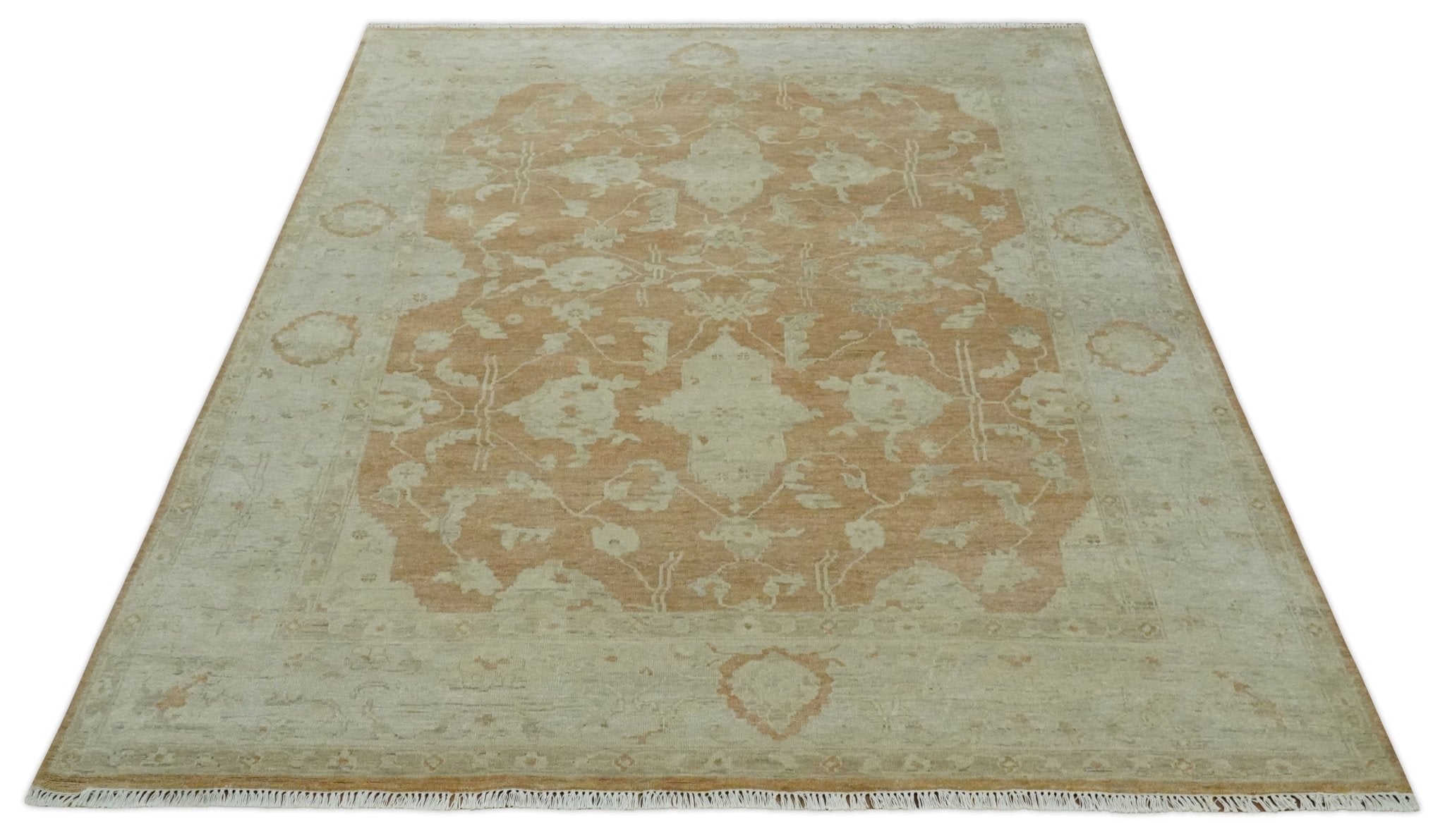 Vintage Style Rust and Beige Hand knotted Traditional Oushak 8x10 and 9x12 wool Area Rug