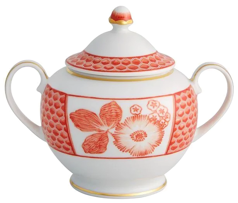 Coralina Porcelain Sugar Bowl in White and Red