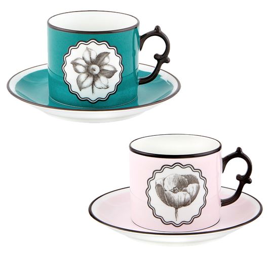 Vista Alegre Herbariae Pink and Peacock Tea Cups and Saucer (2 sets) - The Mayfair Hall