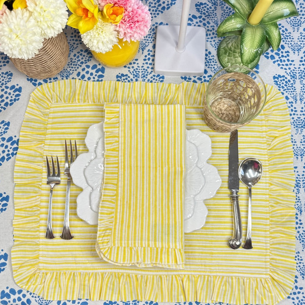 Yellow Stripes - Quilted Placemats with Ruffle  - Set of 4