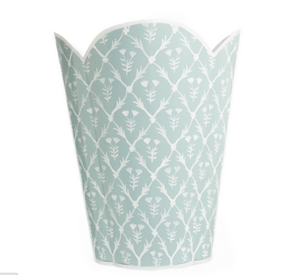 Pale Blue-White Floral Block Print Scalloped Wastepaper Basket - The Mayfair Hall