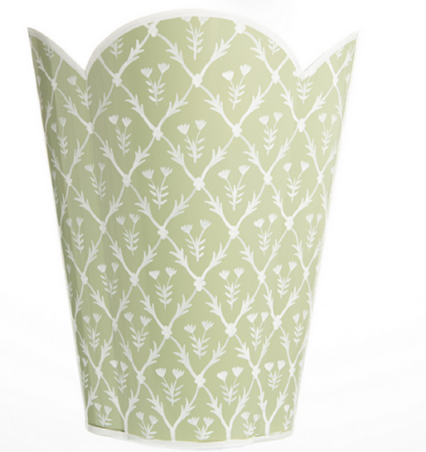 Pale Green-White Floral Scalloped Wastepaper Basket - The Mayfair Hall