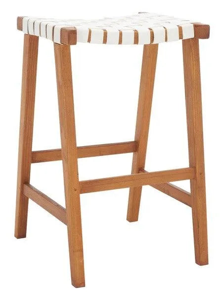 Safavieh Abreu Woven Leather Rectangle Bar Stool in White/Natural
