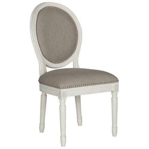 Cream 19"H Oval Side Chair in Grey Linen -Silver Nail Heads (Set of 2) - The Mayfair Hall