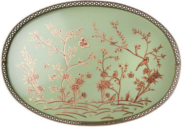 Celadon Chinoiserie HandPainted Tray with Pierced Metal Border - The Mayfair Hall