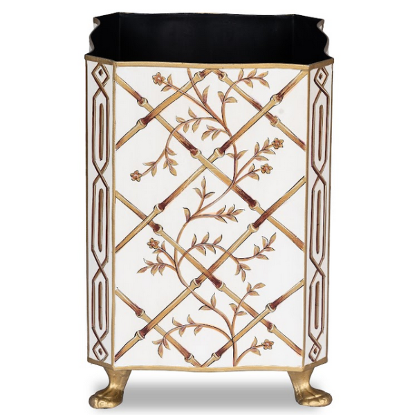 Bamboo-Floral Scalloped Square Wastepaper Basket (Ivory and Gold) - The Mayfair Hall