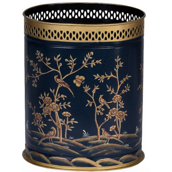 Navy-Gold Oval Pierced Rim Wastepaper Basket - The Mayfair Hall