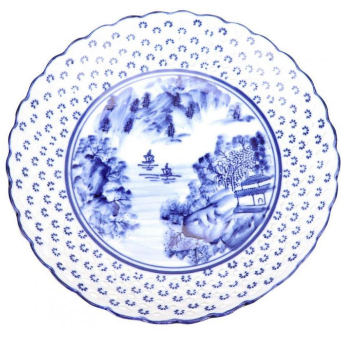 Blue-White Pierced Village Scene Footed Dish (3 sizes) - The Mayfair Hall