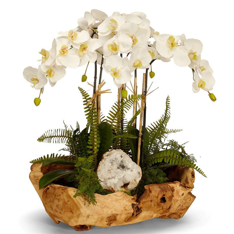 White Orchid and Geode in Wood Bowl - The Mayfair Hall