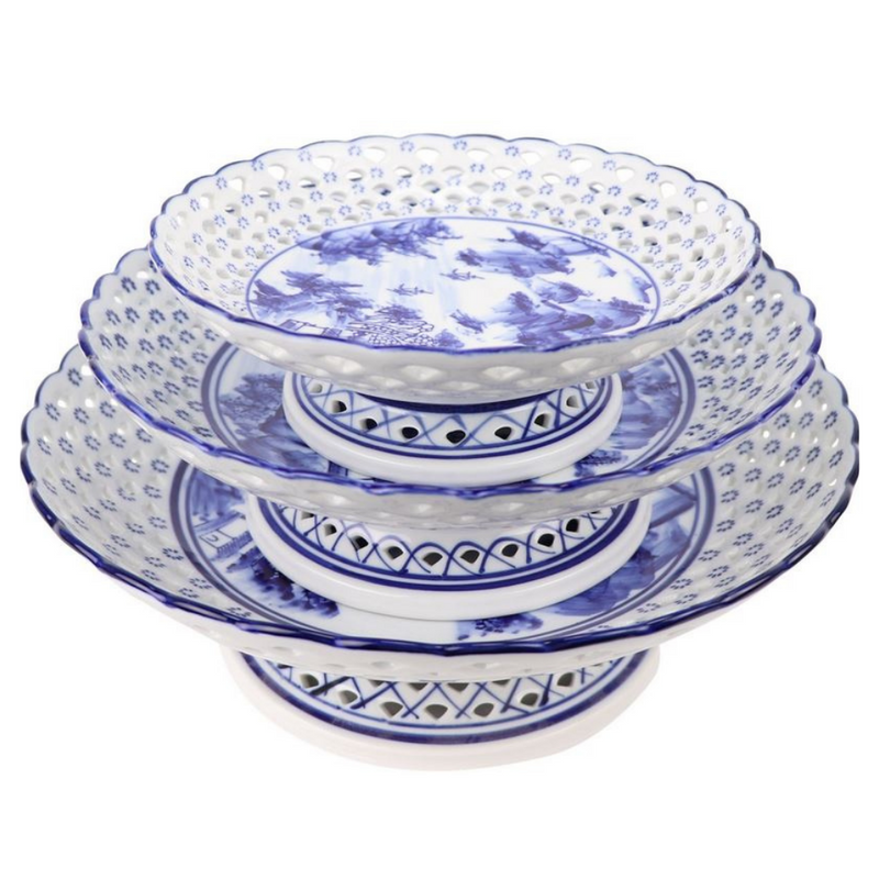 Blue-White Pierced Village Scene Footed Dish (3 sizes) - The Mayfair Hall