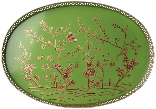 Mossy Green Chinoiserie Tray with Pierced Metal Border - The Mayfair Hall