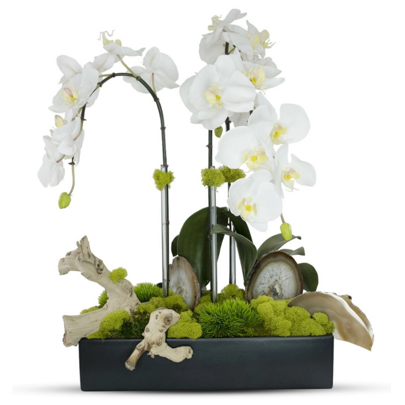 White Orchids in Ceramic Planter w/ Agate Slabs - The Mayfair Hall