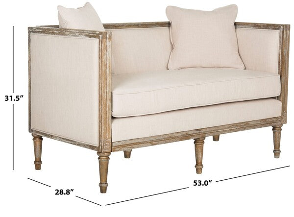 Leandra Beige Linen French Country Settee in Rustic Oak - The Mayfair Hall