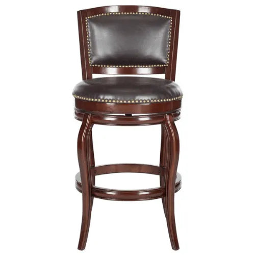 Dark Brown Vegan Leather Bar Stool With Bronze Nail Head Trim - The Mayfair Hall