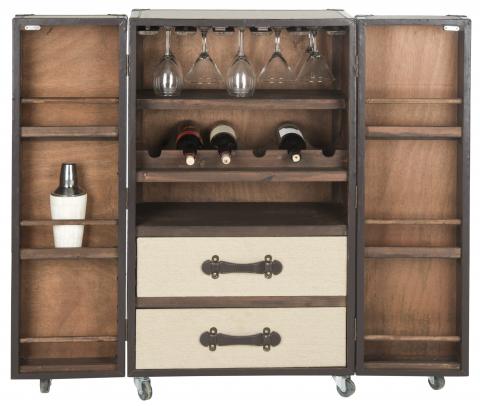 Beige Linen With Brown Vegan Leather Trim Bar Cabinet - The Mayfair Hall