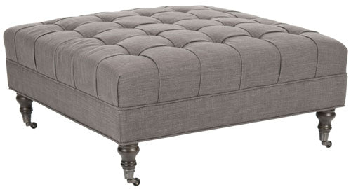 Cocktail Tufted Ottoman in Charcoal Brown Linen - The Mayfair Hall