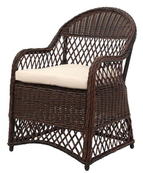Brown Wicker Arm Chair With Beige Cushion - The Mayfair Hall