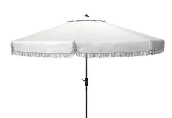 Milan Fringe White Round Crank Umbrella (11ft) - The Mayfair Hall